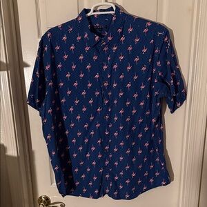 Synrgy Men's 2XL Blue Flamingo Button-Down Shirt with White Polka Dots